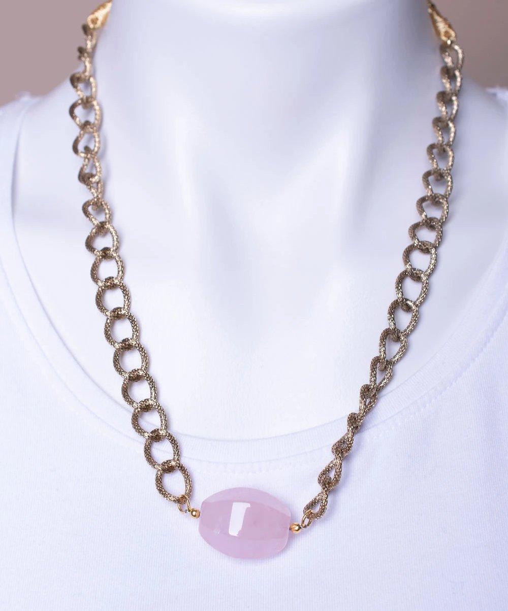 Rose Quartz Stone with Gold Plated Chain Necklace